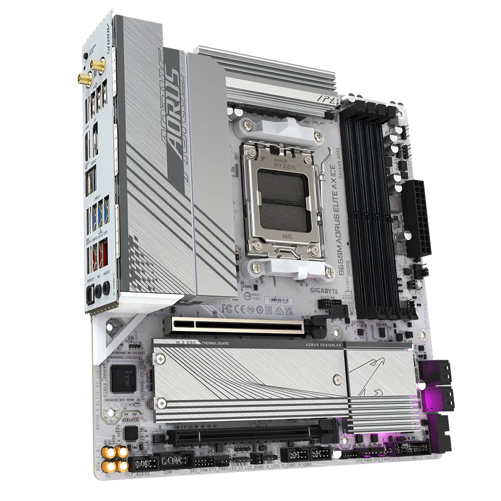 A large main feature product image of Gigabyte B650M Aorus A Elite AX Ice AM5 mATX Desktop Motherboard
