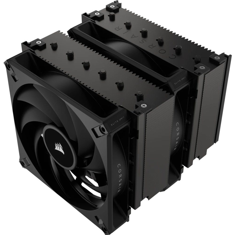 A large main feature product image of Corsair A115 Twin Tower CPU Cooler