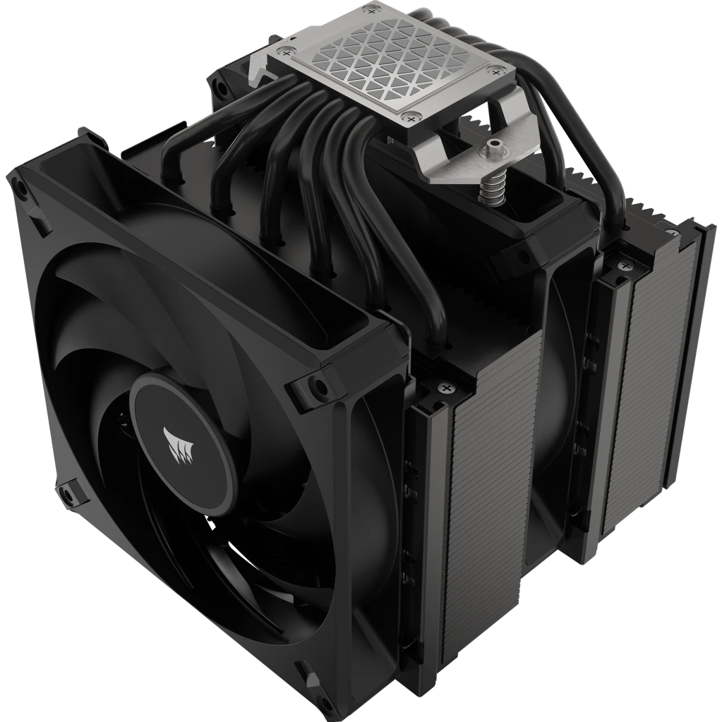 A large main feature product image of Corsair A115 Twin Tower CPU Cooler