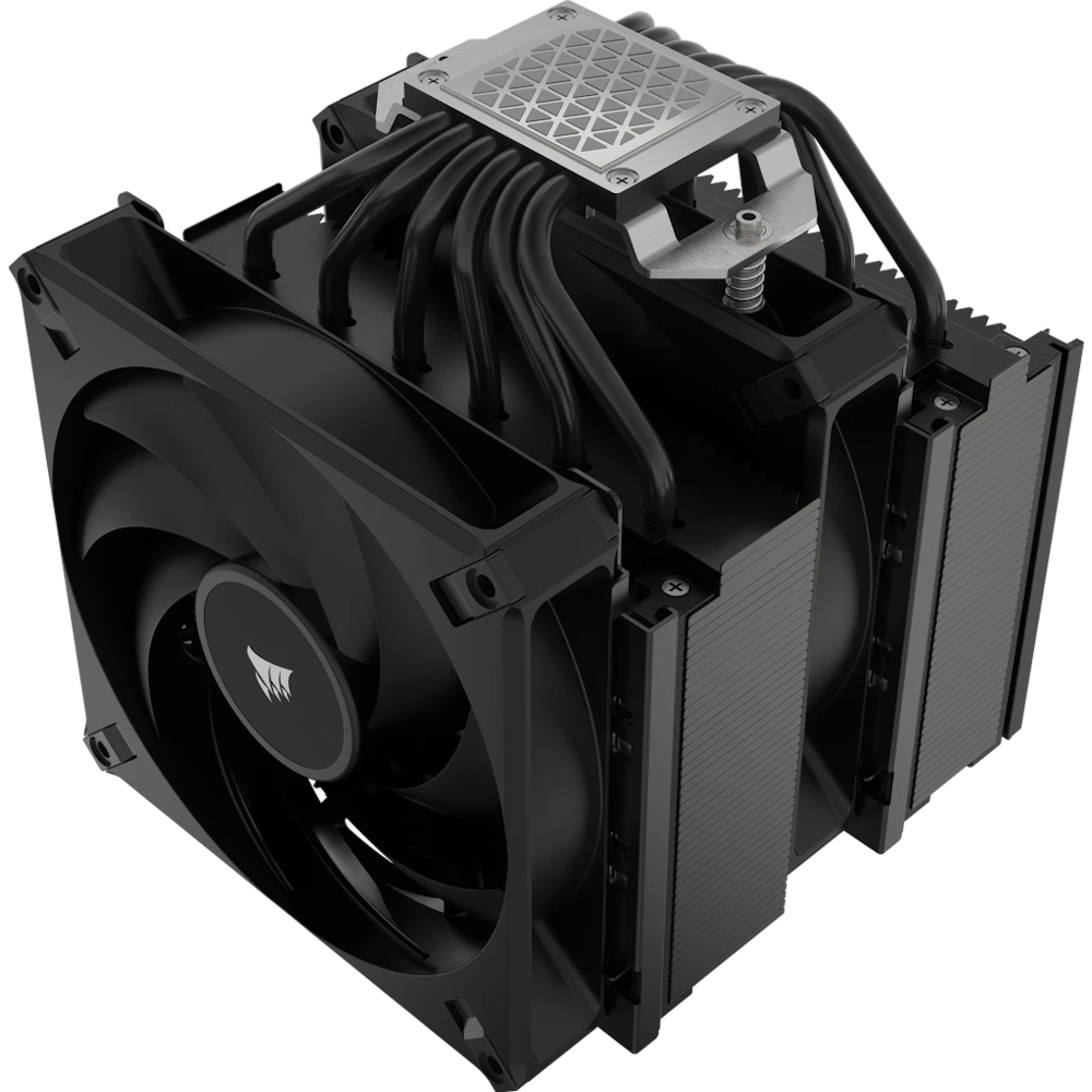 A large main feature product image of Corsair A115 Twin Tower CPU Cooler