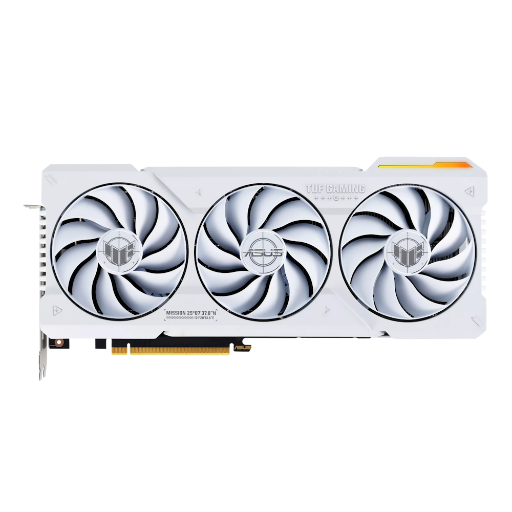 A large main feature product image of ASUS GeForce RTX 4070 Ti SUPER TUF Gaming OC 16GB GDDR6X - White