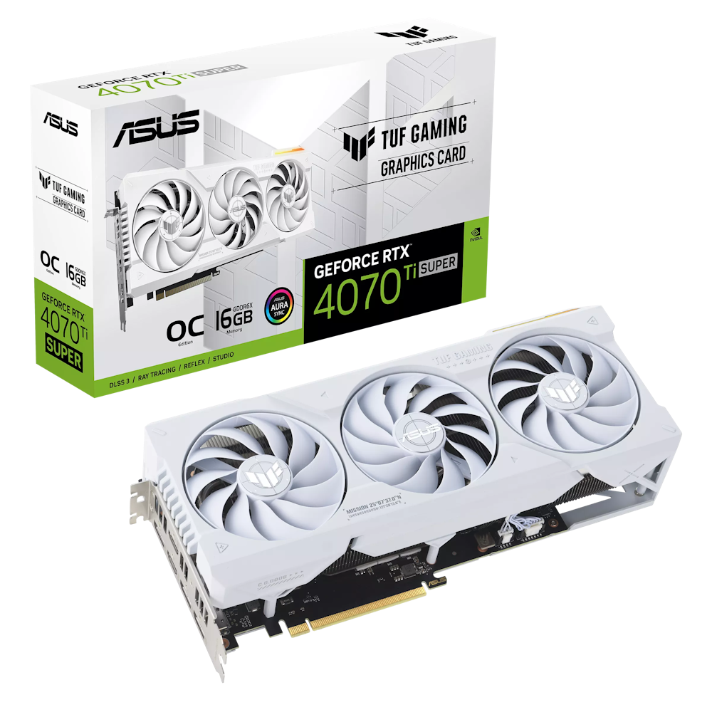 A large main feature product image of ASUS GeForce RTX 4070 Ti SUPER TUF Gaming OC 16GB GDDR6X - White