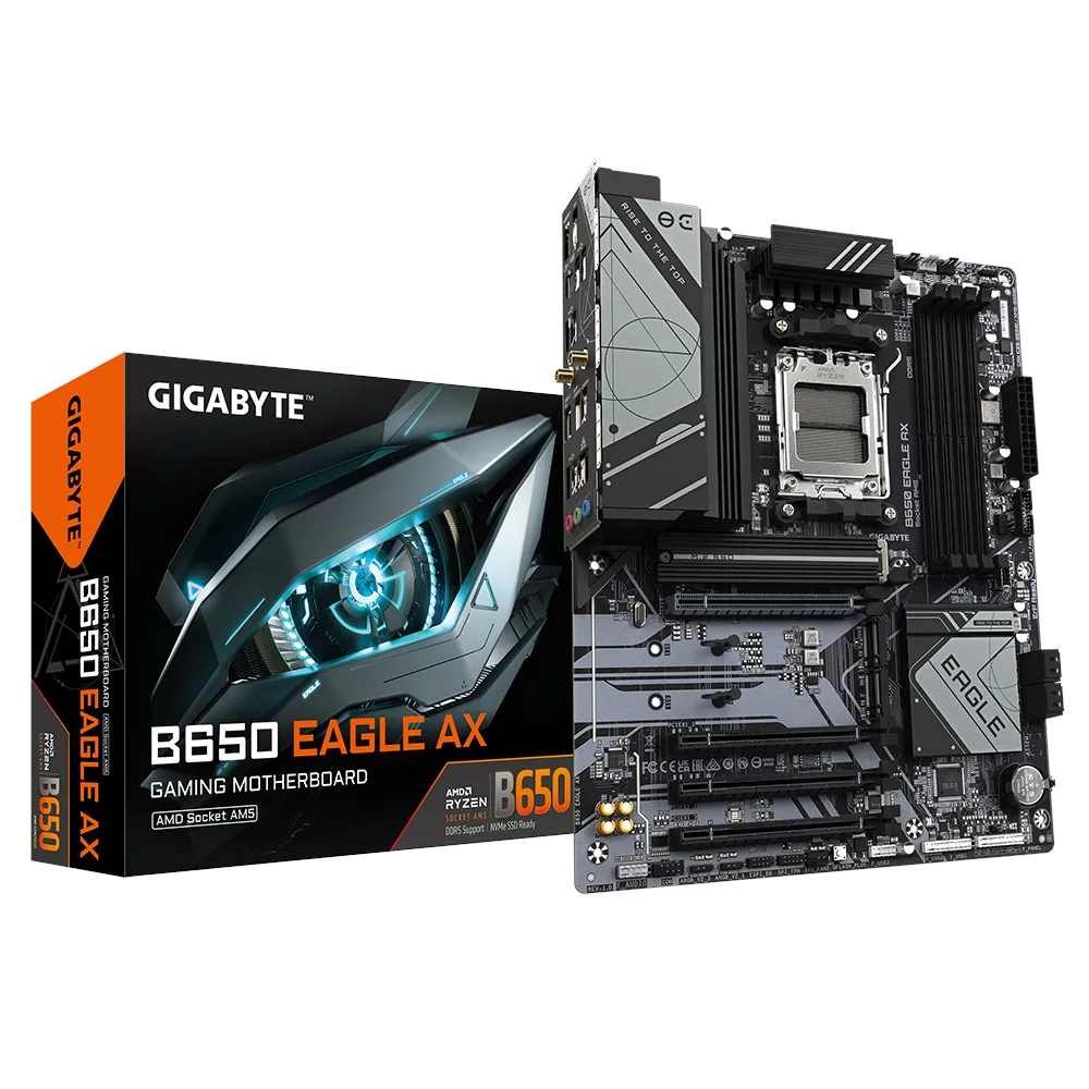 A large main feature product image of Gigabyte B650 Eagle AX AM5 ATX Desktop Motherboard