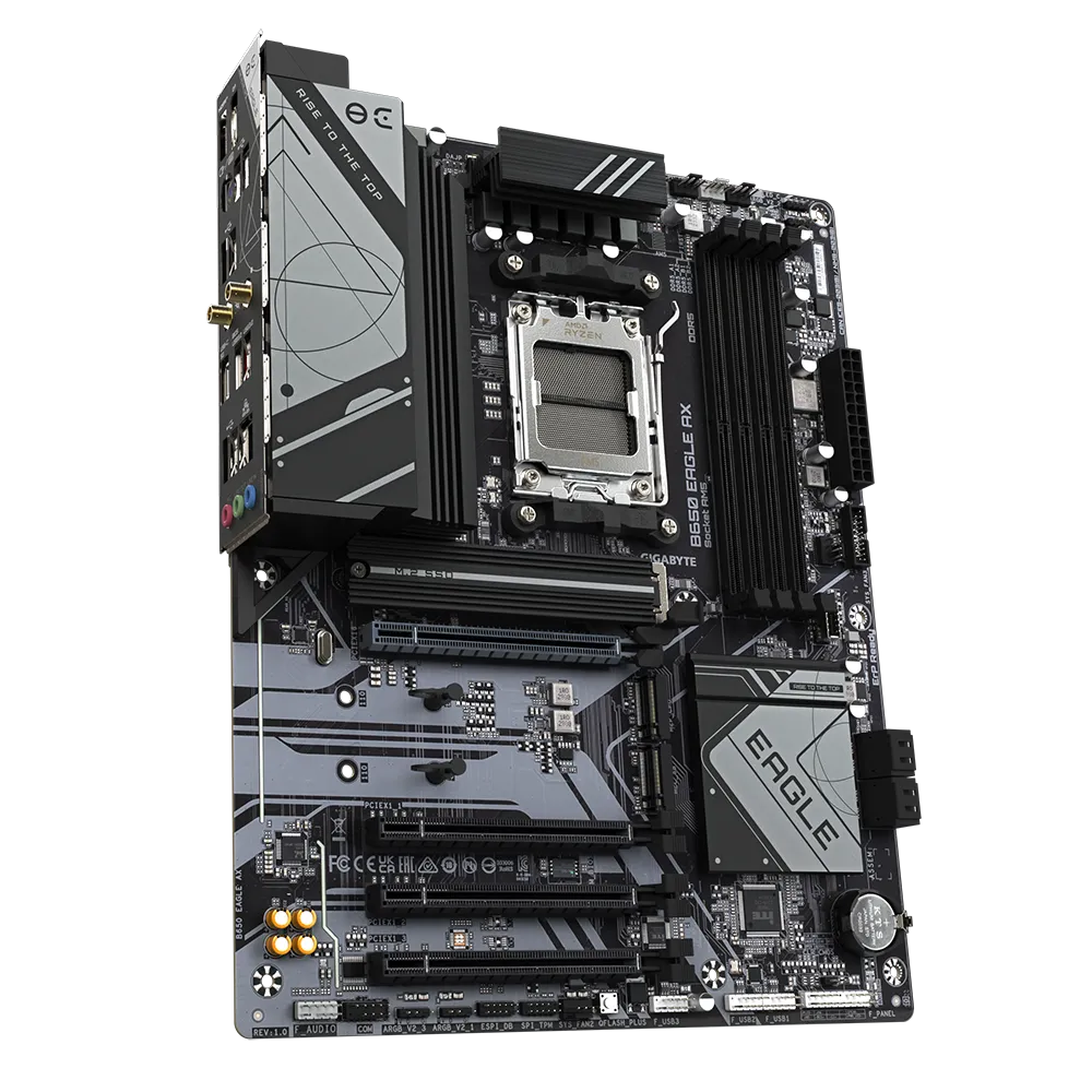 A large main feature product image of Gigabyte B650 Eagle AX AM5 ATX Desktop Motherboard