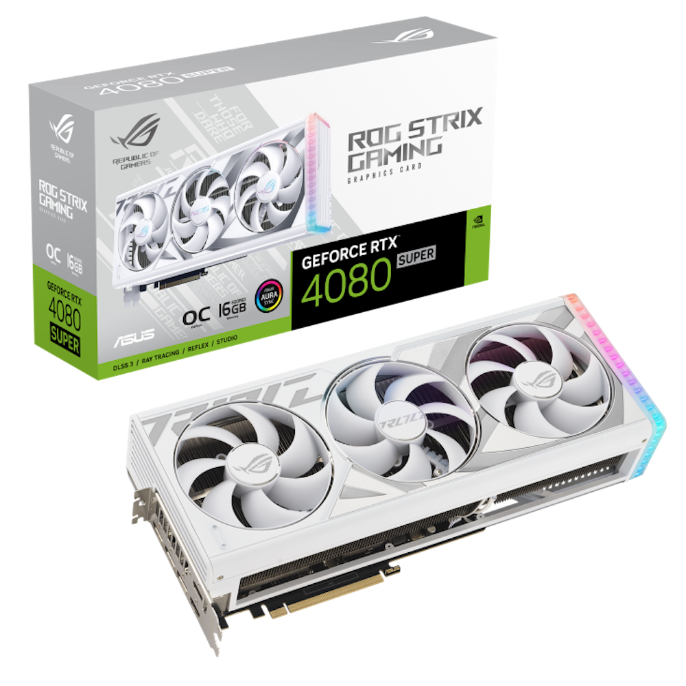 A large main feature product image of ASUS GeForce RTX 4080 SUPER  ROG Strix OC 16GB GDDR6X - White