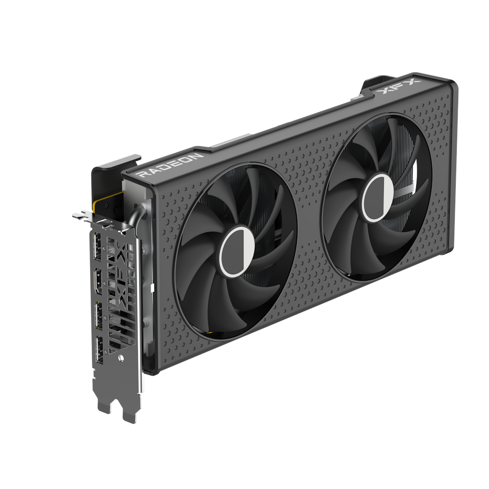 A large main feature product image of XFX Radeon RX 7600 XT Speedster SWFT 210 16GB GDDR6