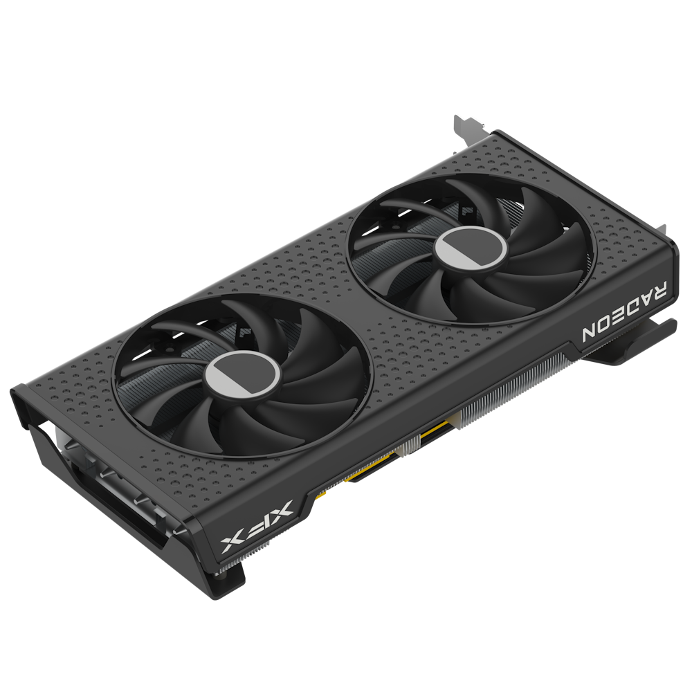 A large main feature product image of XFX Radeon RX 7600 XT Speedster SWFT 210 16GB GDDR6