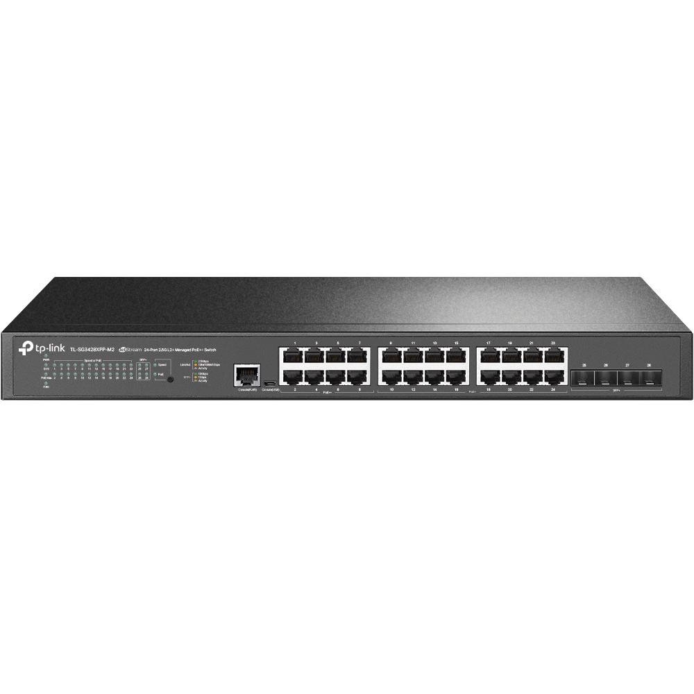 A large main feature product image of TP-Link JetStream TL-SG3428XPP-M2 - 24-Port 2.5GBASE-T and 4-Port 10GE SFP+ L2+ Managed Switch with 16-Port PoE+ & 8-Port PoE++