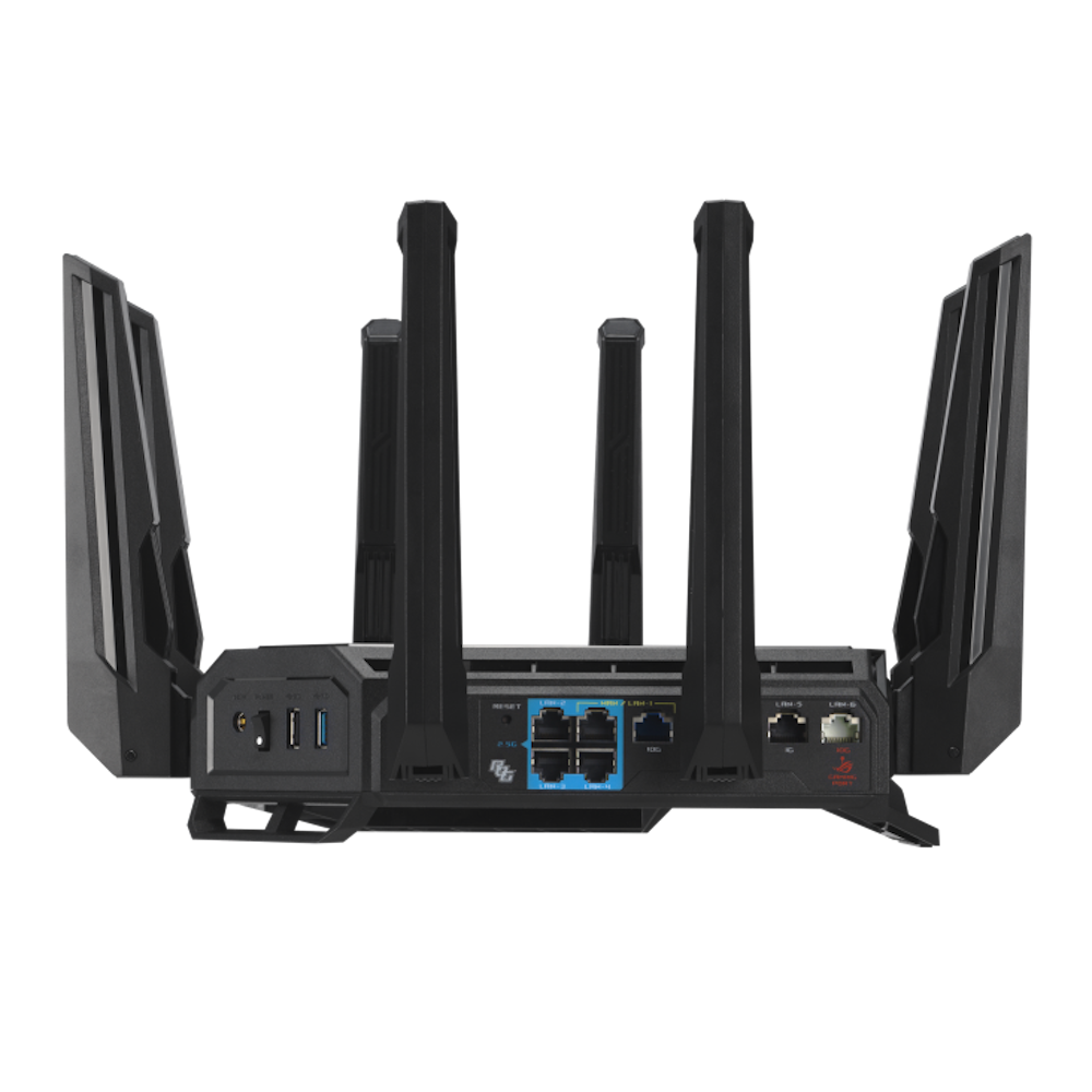A large main feature product image of ASUS ROG Rapture GT-BE98 Quad-band WiFi 7 802.11be  Gaming Router