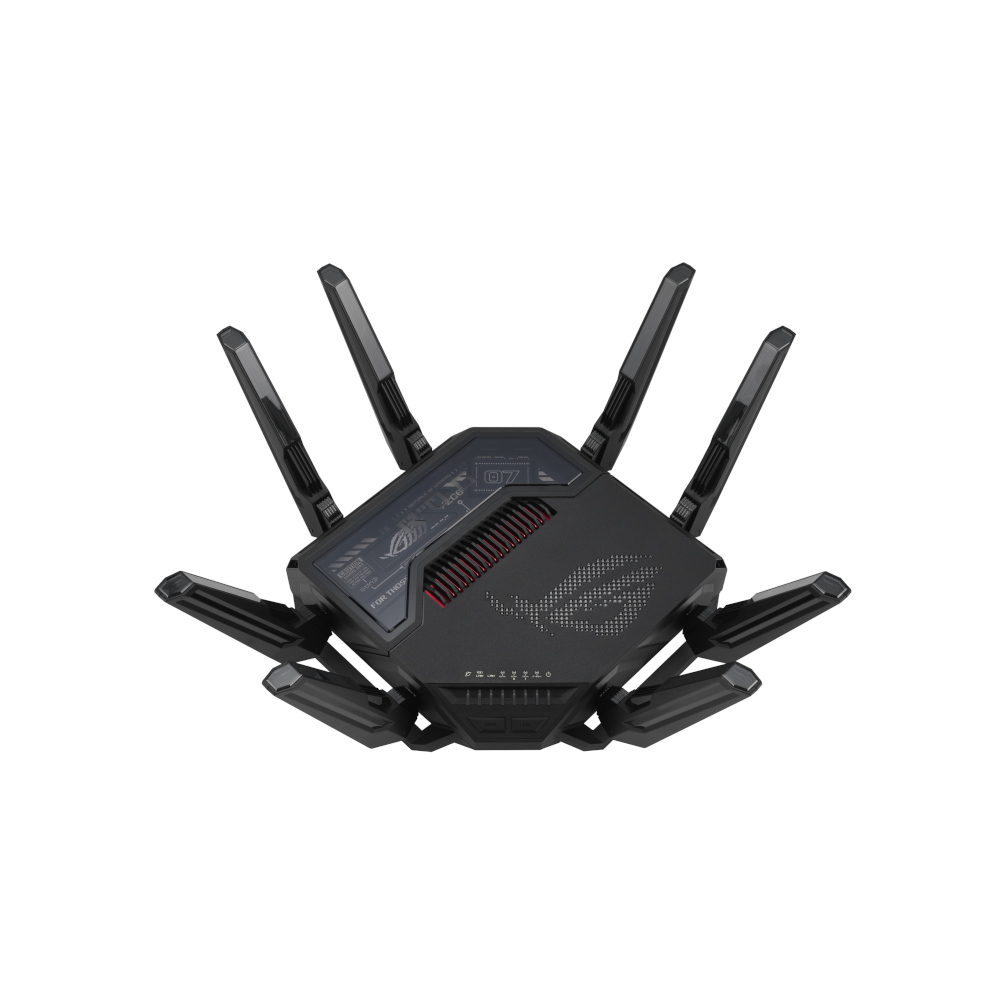 A large main feature product image of ASUS ROG Rapture GT-BE98 Quad-band WiFi 7 802.11be Gaming Router