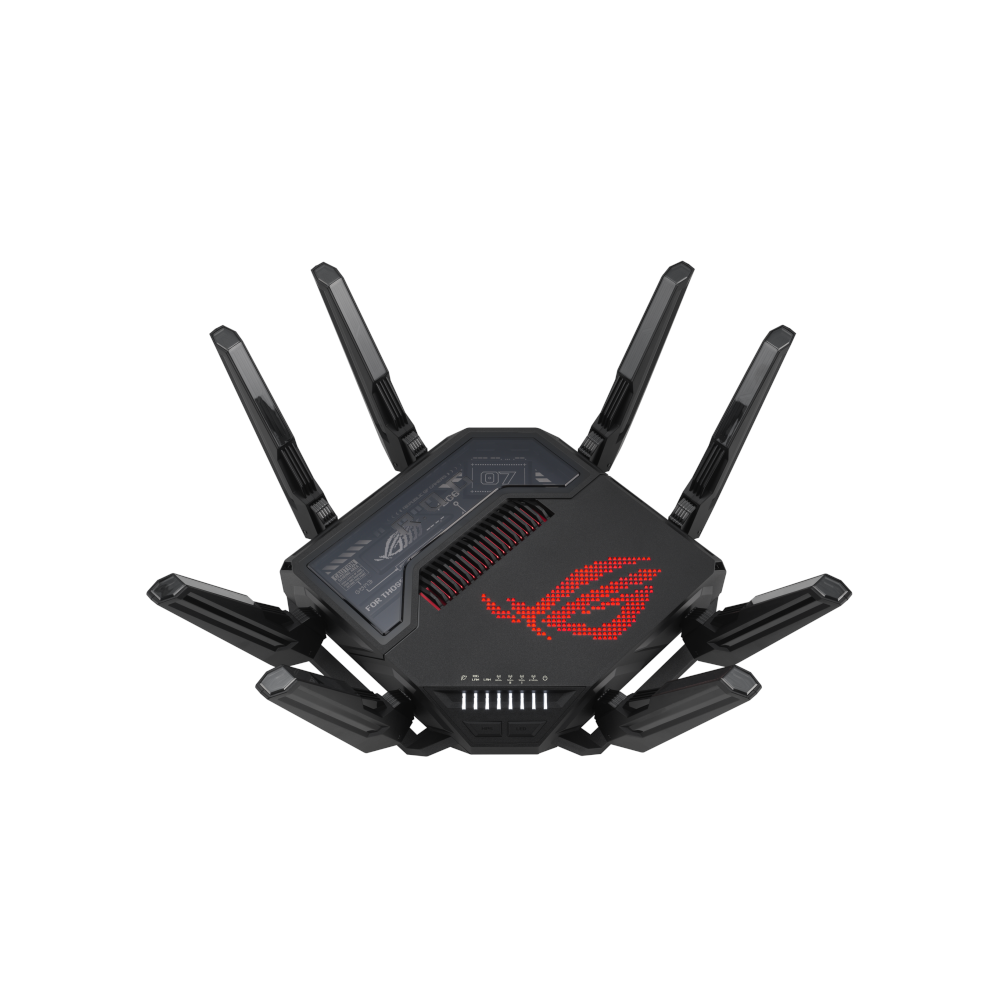 A large main feature product image of ASUS ROG Rapture GT-BE98 Quad-band WiFi 7 802.11be Gaming Router