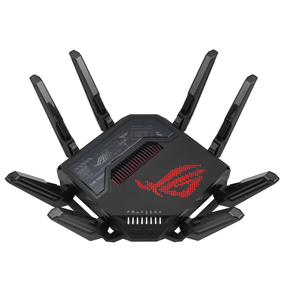 A large main feature product image of ASUS ROG Rapture GT-BE98 Quad-band WiFi 7 802.11be Gaming Router