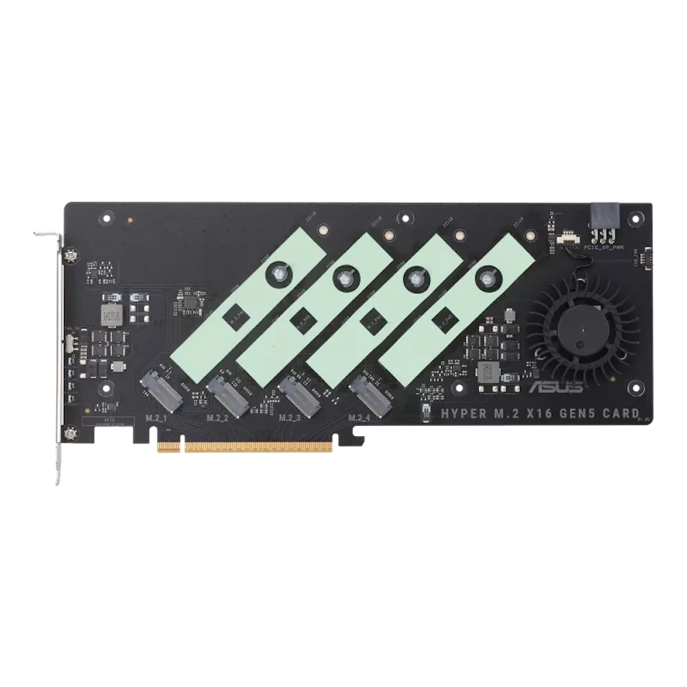 A large main feature product image of ASUS HYPER M.2 X16 GEN5 CARD