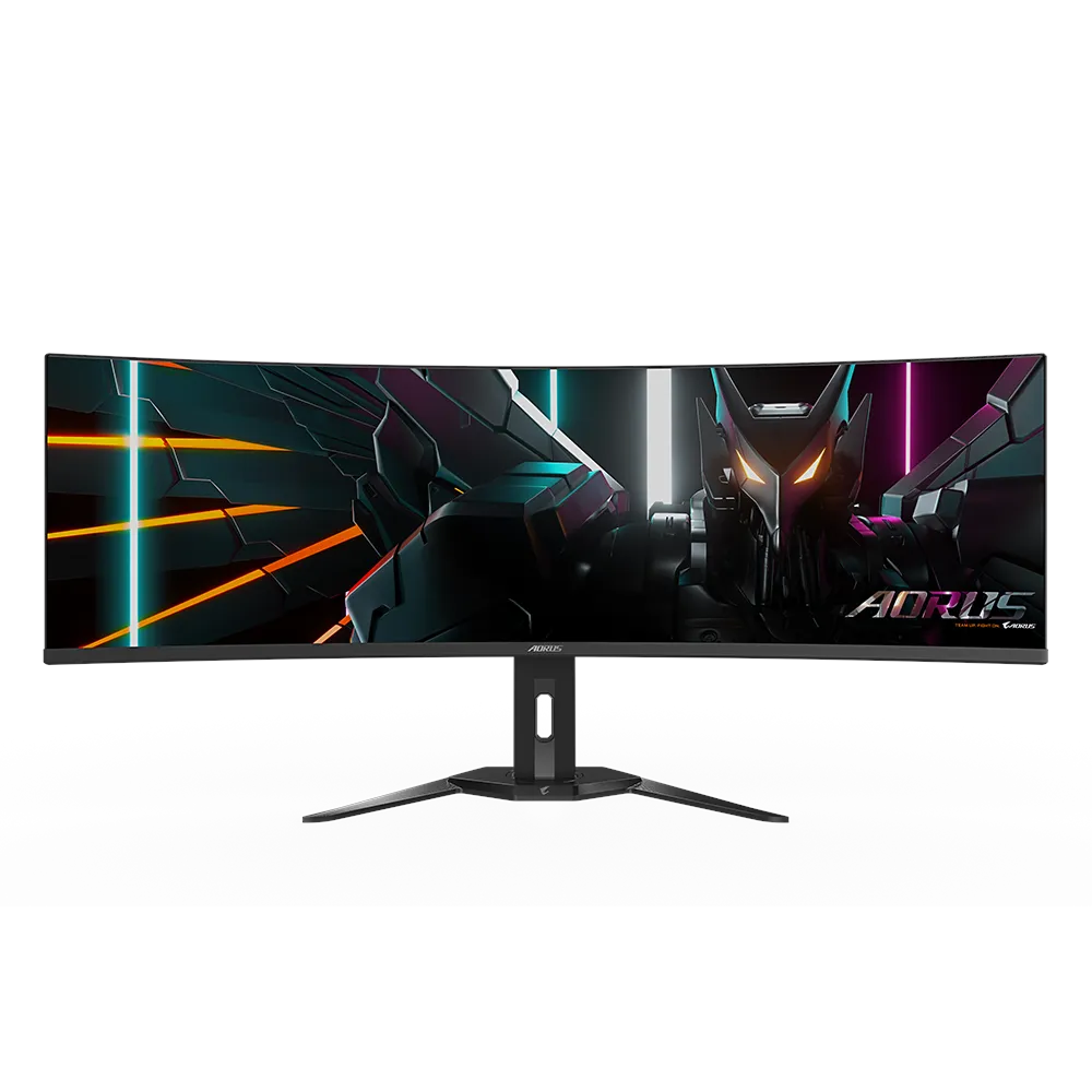 A large main feature product image of Gigabyte AORUS CO49DQ 49" Curved DQHD Ultrawide 144Hz OLED Monitor