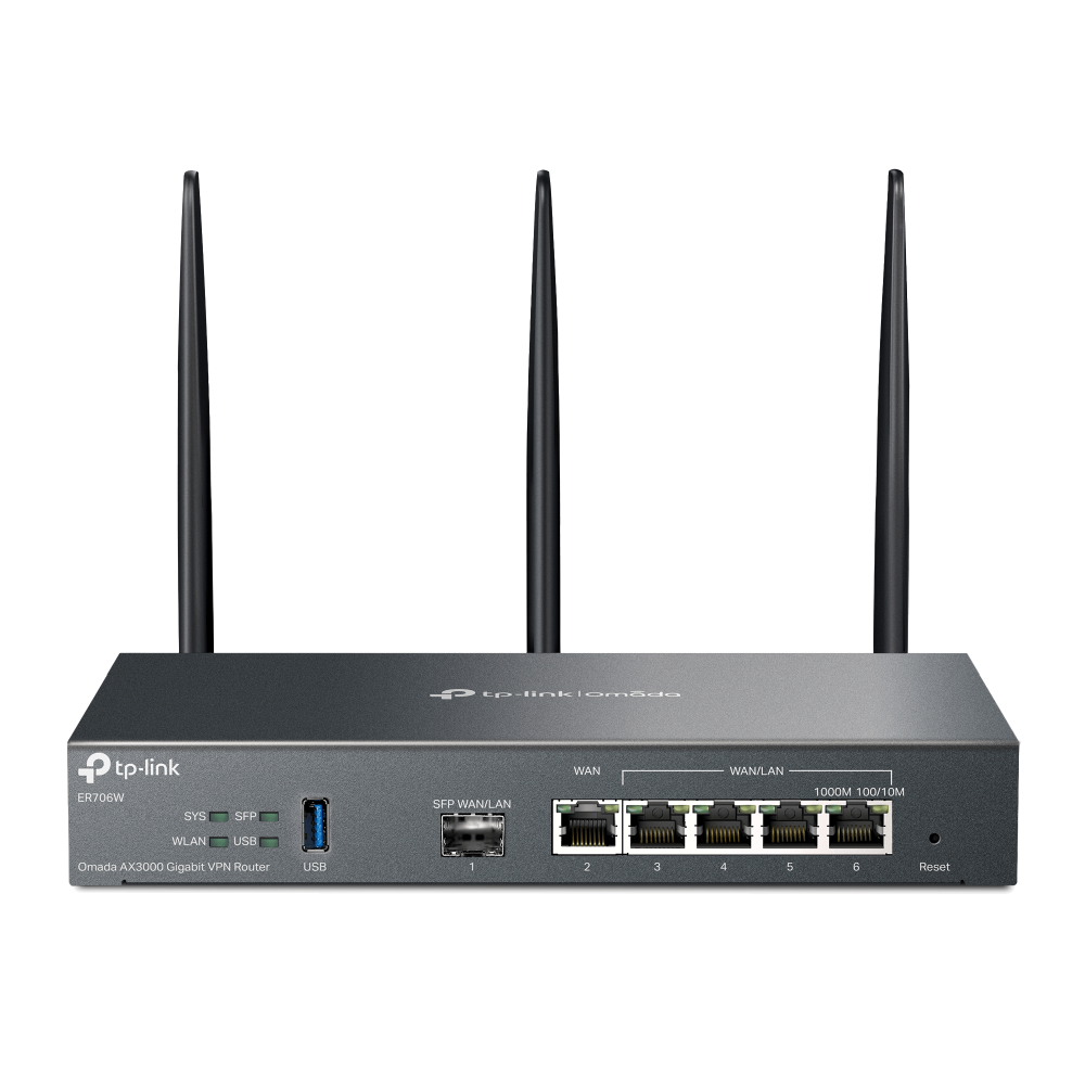 A large main feature product image of TP-Link Omada ER706W - AX3000 Multi-Gigabit Wi-Fi 6 VPN Router