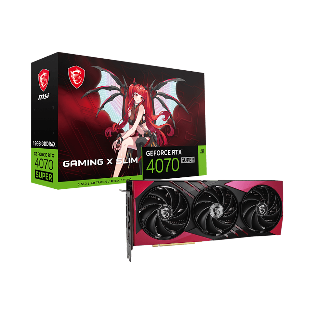 A large main feature product image of MSI GeForce RTX 4070 SUPER Gaming X Slim MLG 12GB GDDR6X