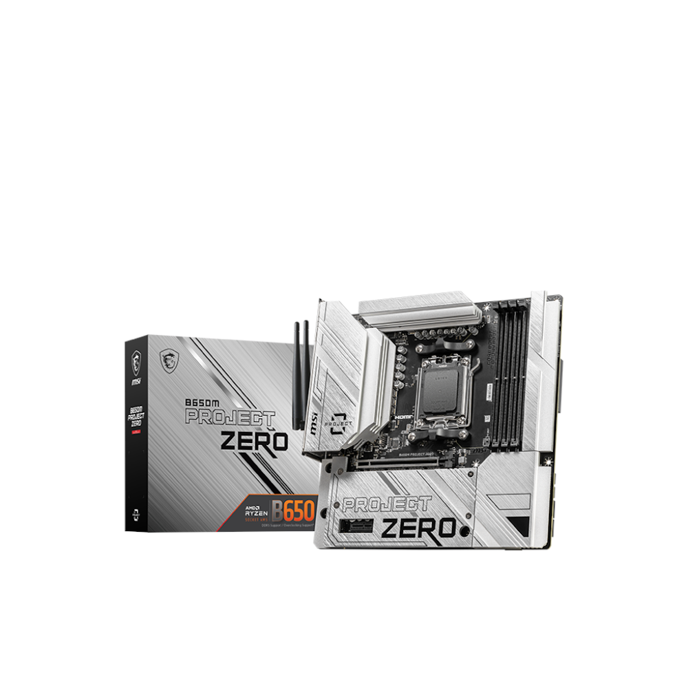 A large main feature product image of MSI B650M Project Zero AM5 mATX Desktop Motherboard