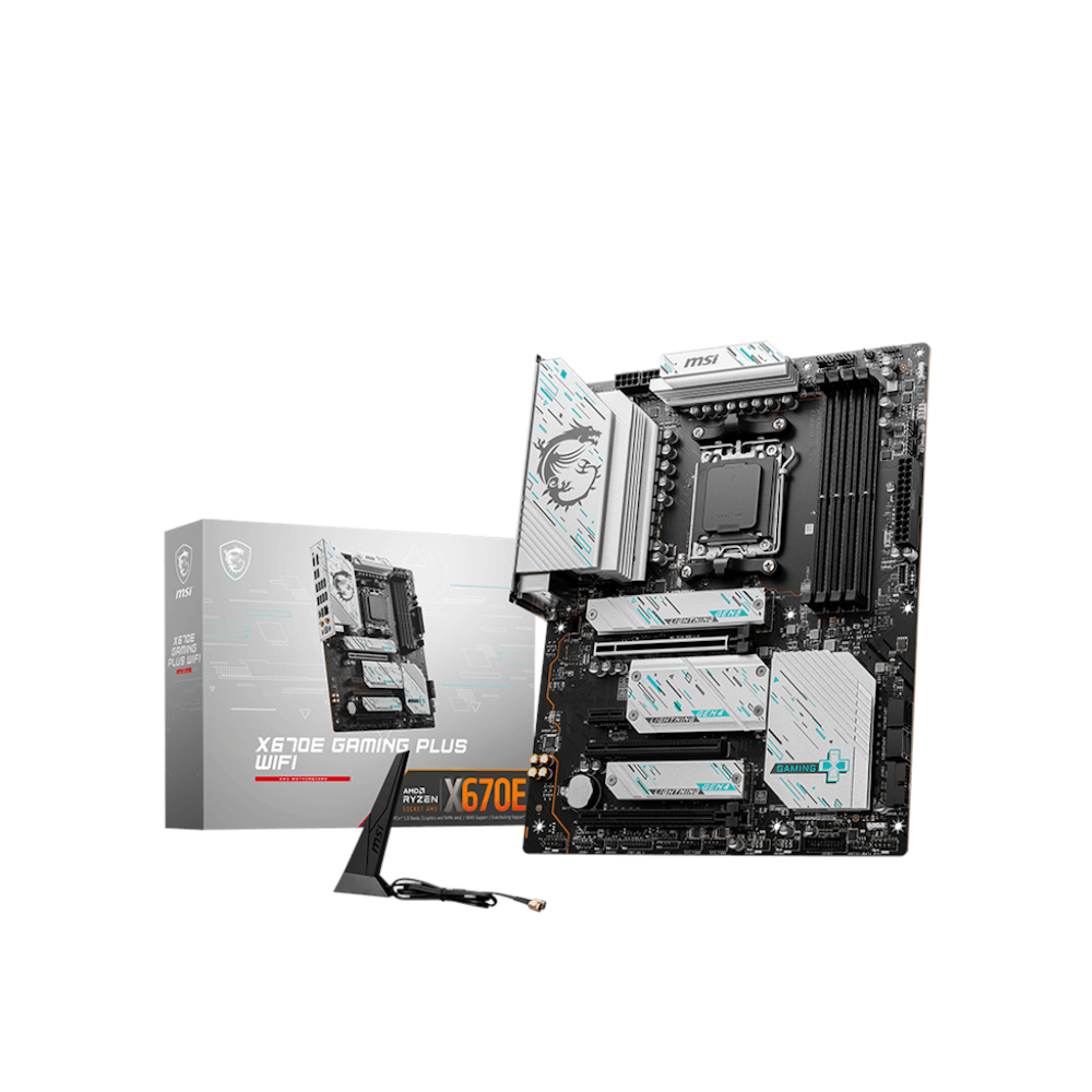 A large main feature product image of MSI X670E Gaming Plus WIFI AM5 ATX Desktop Motherboard