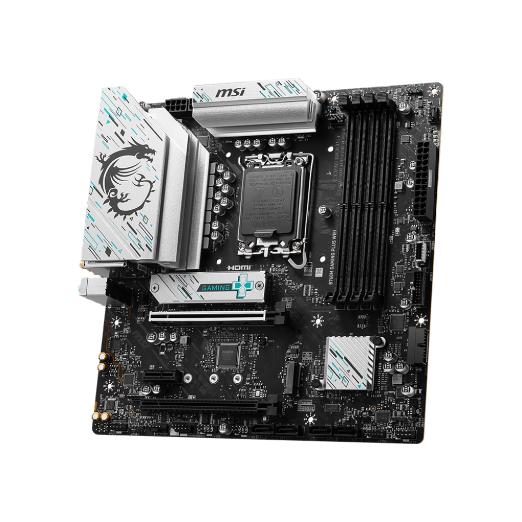 A large main feature product image of MSI B760M Gaming Plus WiFi LGA1700 mATX Desktop Motherboard