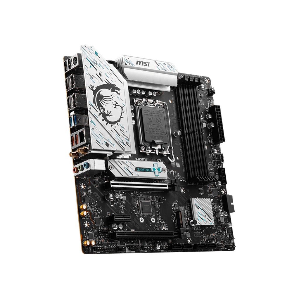 A large main feature product image of MSI B760M Gaming Plus WiFi LGA1700 mATX Desktop Motherboard
