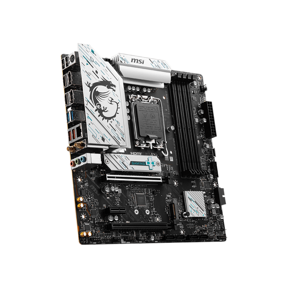 A large main feature product image of MSI B760M Gaming Plus WiFi LGA1700 mATX Desktop Motherboard
