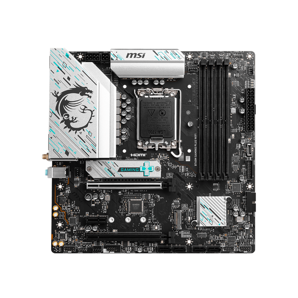A large main feature product image of MSI B760M Gaming Plus WiFi LGA1700 mATX Desktop Motherboard