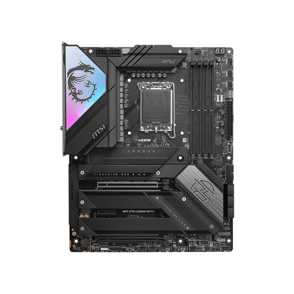 A large main feature product image of MSI MPG Z790 Carbon WIFI II LGA1700 ATX Desktop Motherboard