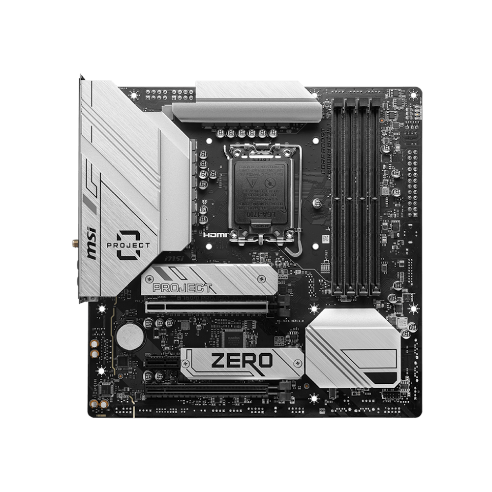 A large main feature product image of MSI B760M Project Zero LGA1700 mATX Desktop Motherboard