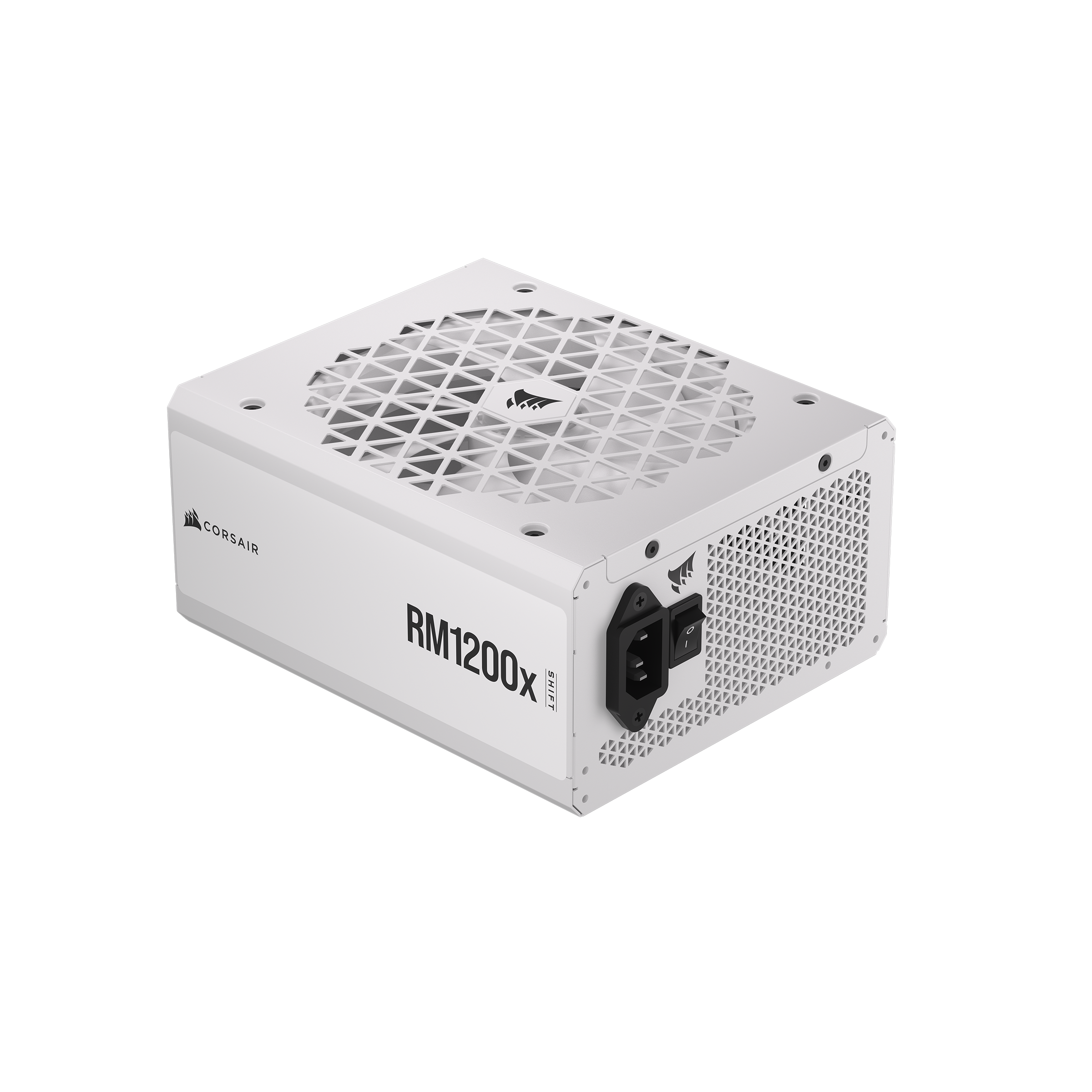 A large main feature product image of Corsair RM1200x SHIFT - Side Cable 1200W Gold ATX Modular PSU (White)