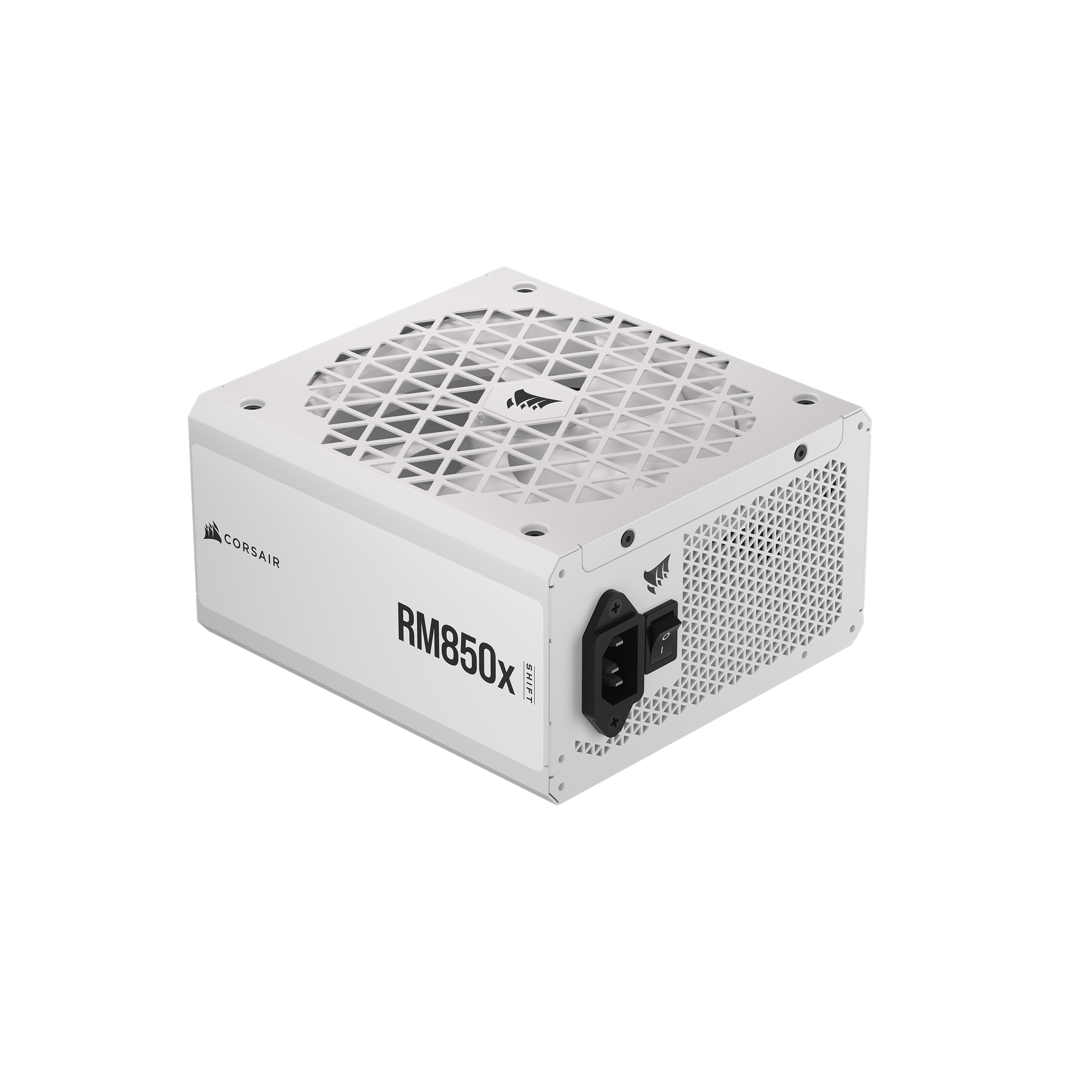 A large main feature product image of Corsair RM850x SHIFT - Side Cable 850W Gold ATX Modular PSU (White)