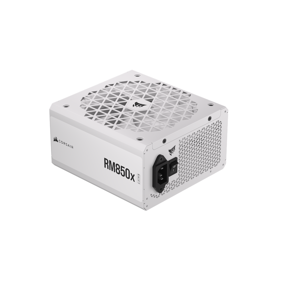A large main feature product image of Corsair RM850x Shift 850W Gold ATX Modular PSU - White