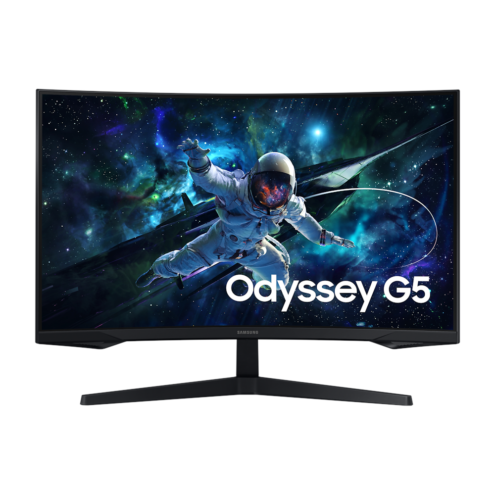 A large main feature product image of Samsung Odyssey G55C - 32" Curved 1440p 165Hz VA Gaming Monitor