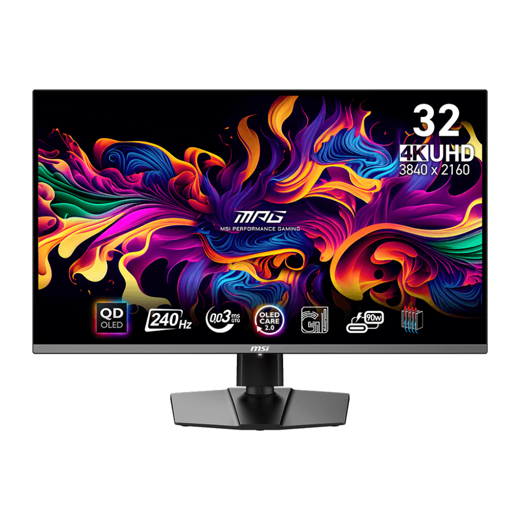 A large main feature product image of MSI MPG 321URX 32” 4K 240Hz QD-OLED Monitor