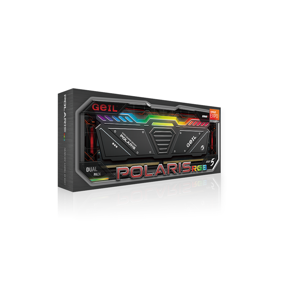 A large main feature product image of GeIL 32GB Kit (2x16GB) DDR5 Polaris AMD Edition RGB C38 6000MHz - White