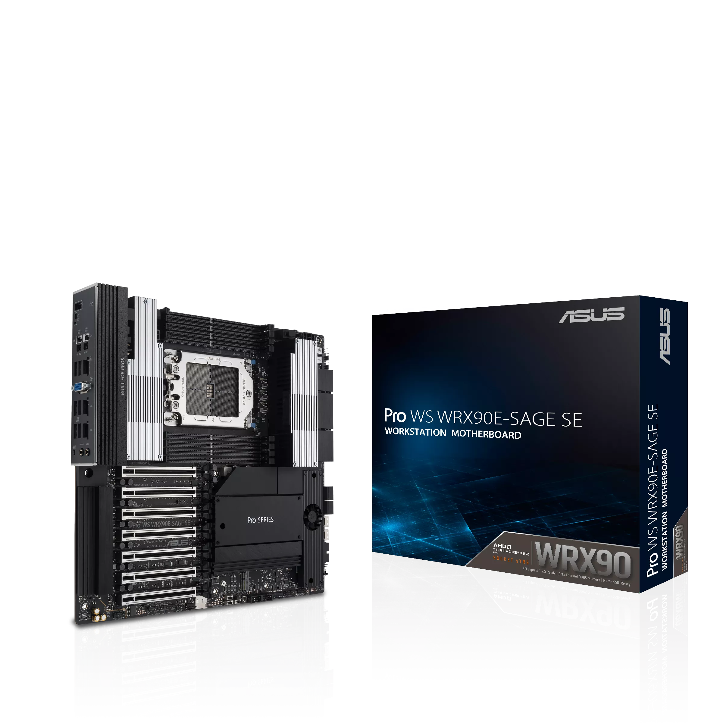 A large main feature product image of Asus Pro WS WRX90E-SAGE SE sTR5 EEB Workstation Desktop Motherboard