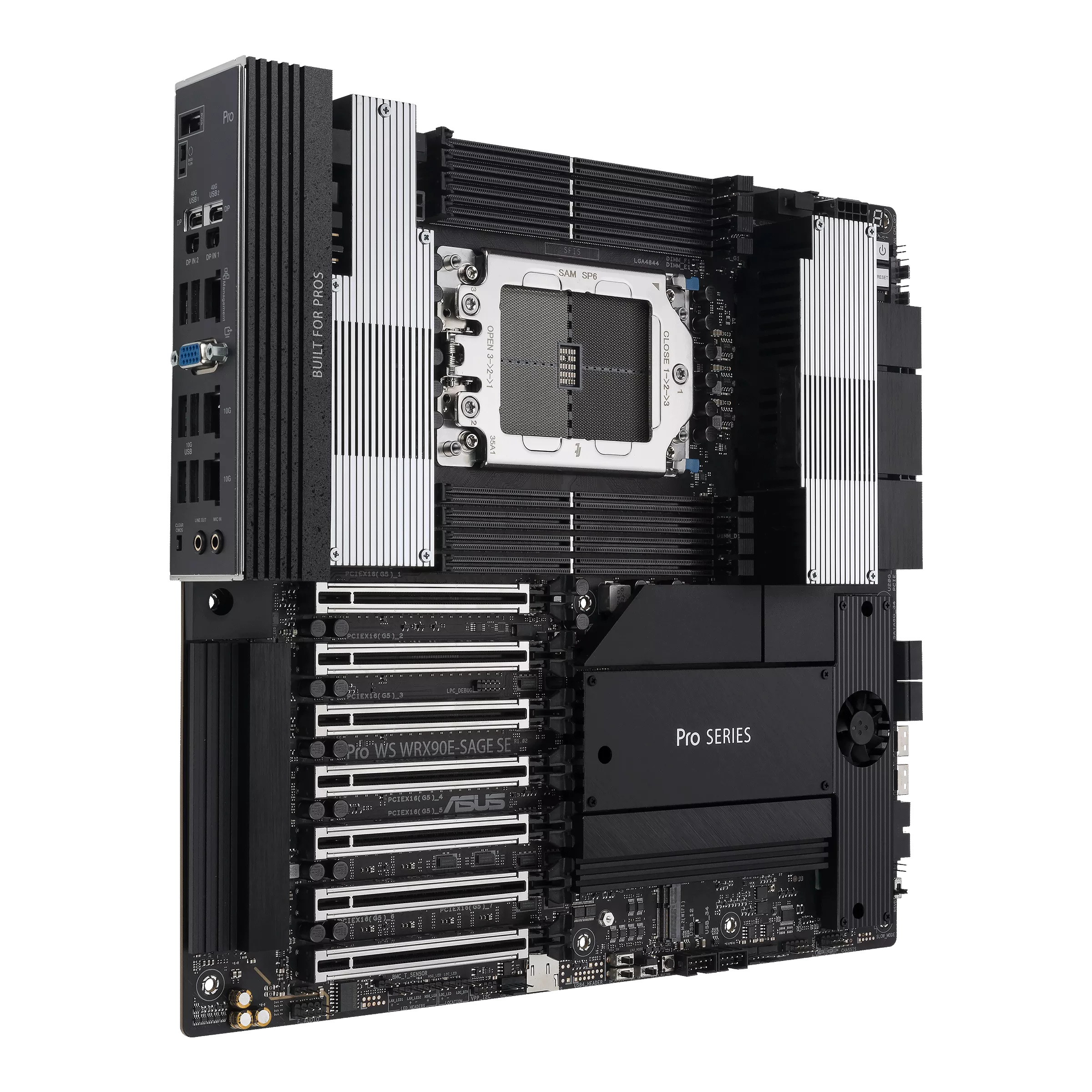 A large main feature product image of Asus Pro WS WRX90E-SAGE SE sTR5 EEB Workstation Desktop Motherboard