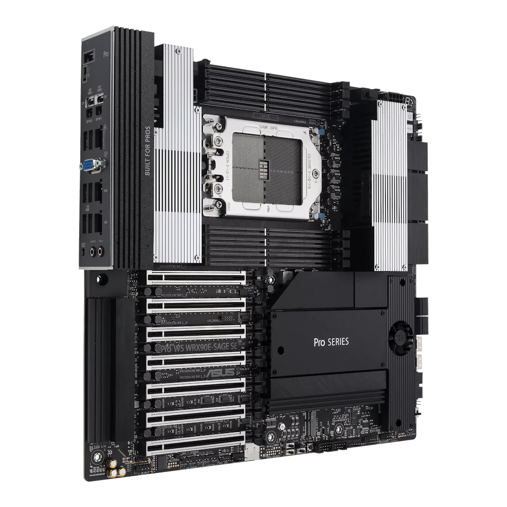 A large main feature product image of Asus Pro WS WRX90E-SAGE SE sTR5 EEB Workstation Desktop Motherboard