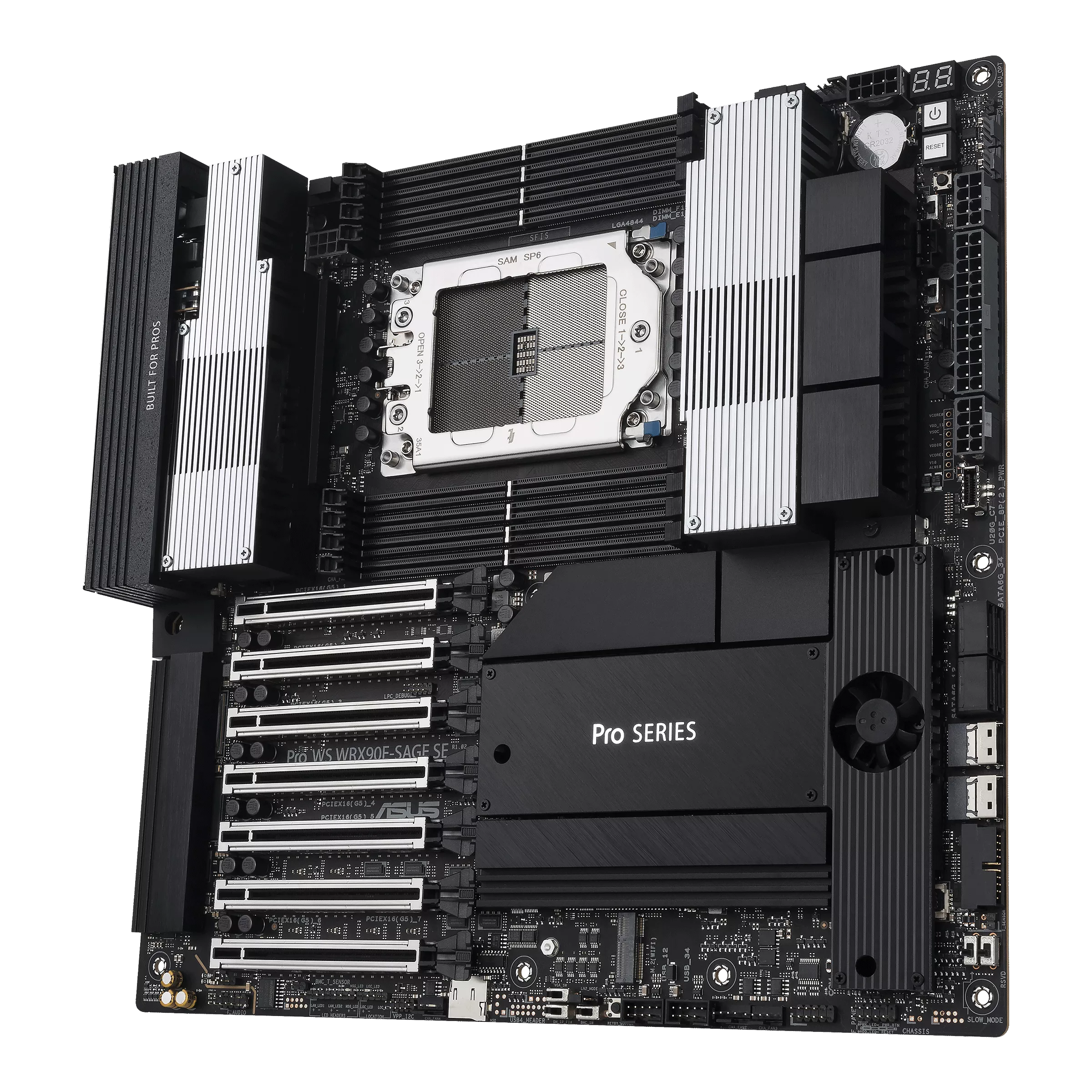 A large main feature product image of Asus Pro WS WRX90E-SAGE SE sTR5 EEB Workstation Desktop Motherboard