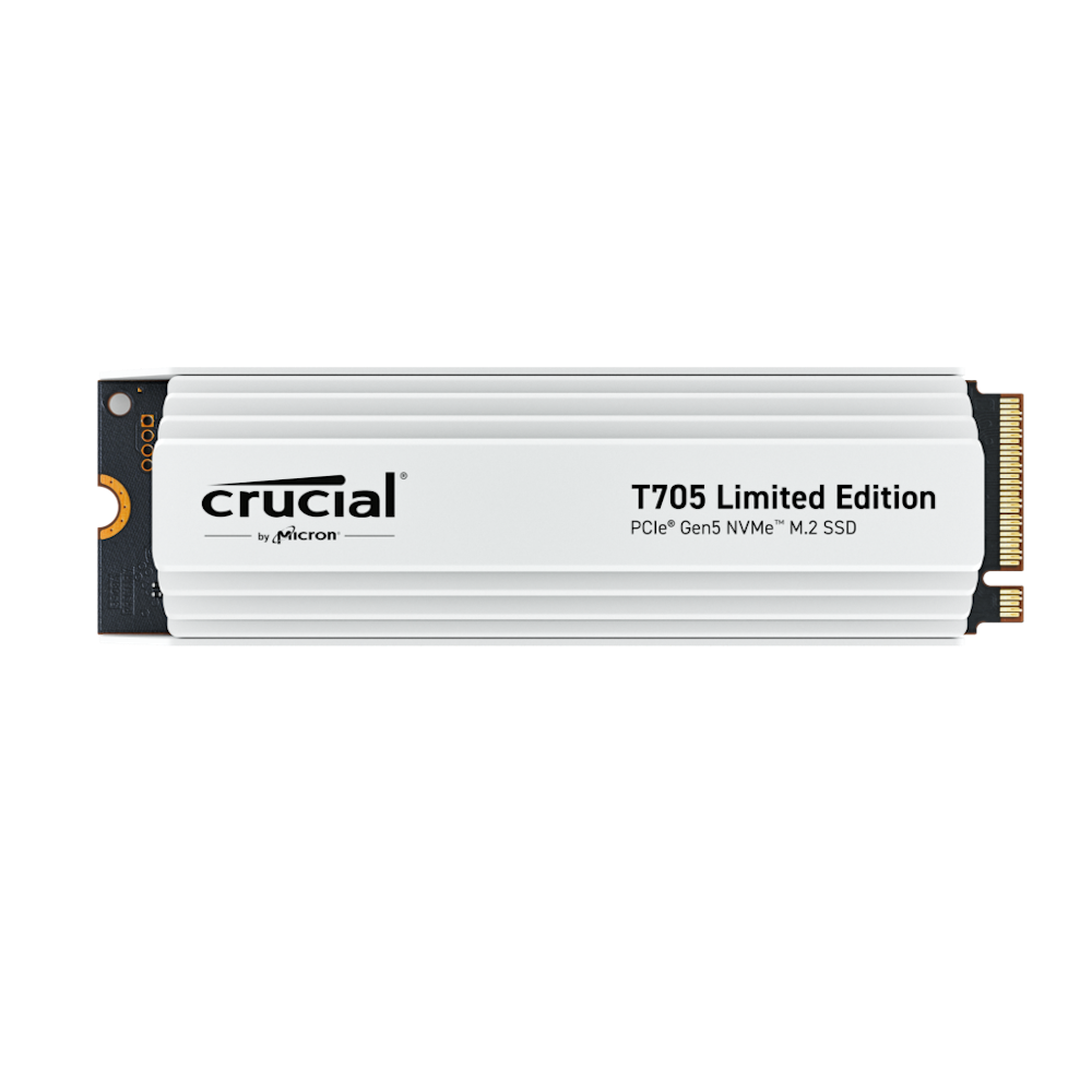A large main feature product image of Crucial T705 w/ Heatsink PCIe Gen5 NVMe M.2 SSD -  2TB White