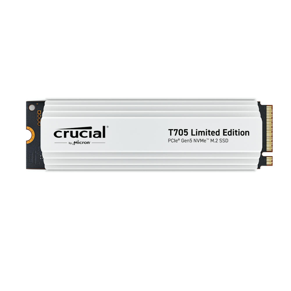 A large main feature product image of Crucial T705 w/ Heatsink PCIe Gen5 NVMe M.2 SSD -  2TB White