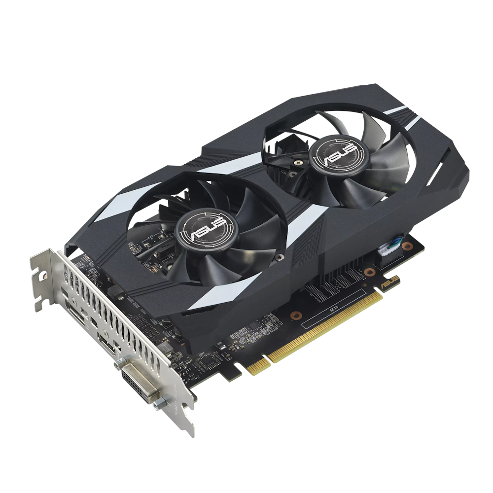 A large main feature product image of ASUS GeForce GTX 1650 Dual P Evo 4GB GDDR6