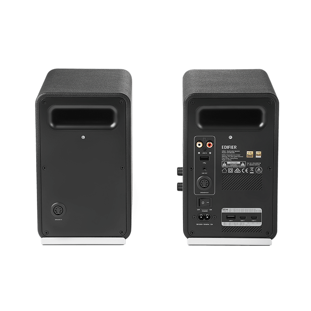 A large main feature product image of Edifier QR65 - Active Desktop Speakers with GaN Charger (Black)