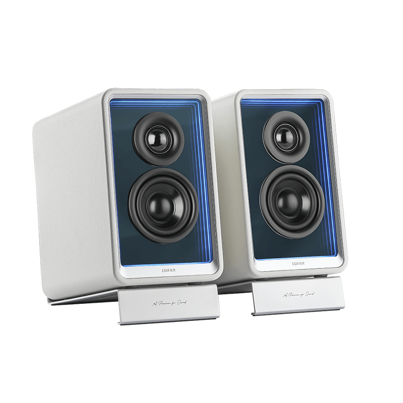 A large main feature product image of Edifier QR65 Active Desktop Speakers with GaN Charger (White)