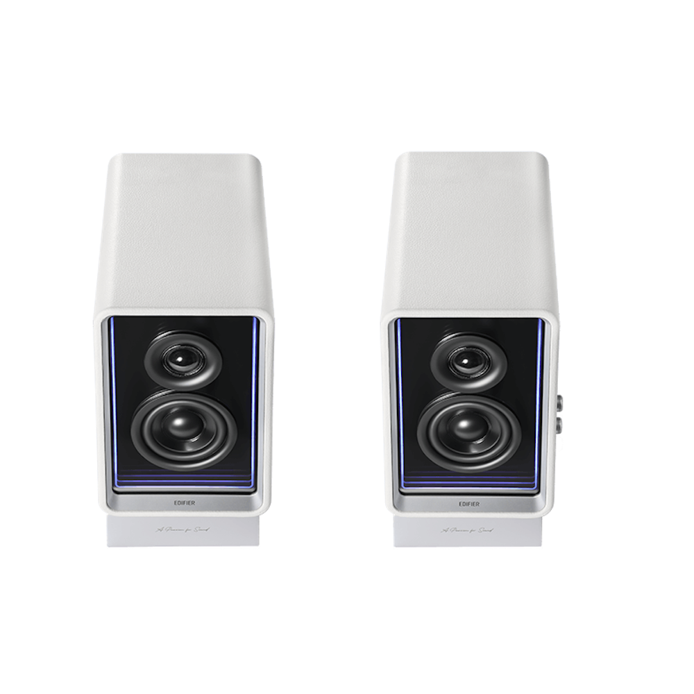 A large main feature product image of Edifier QR65 - Active Desktop Speakers with GaN Charger (White)