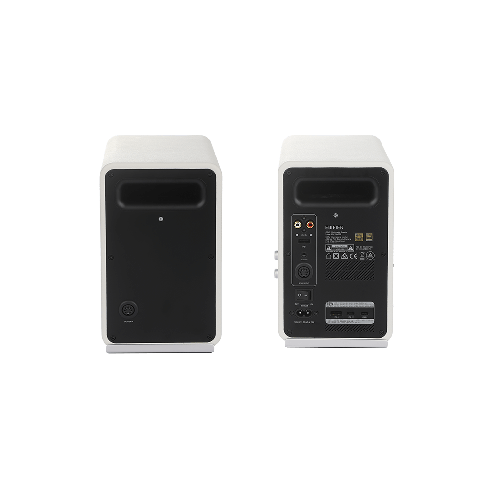 A large main feature product image of Edifier QR65 - Active Desktop Speakers with GaN Charger (White)