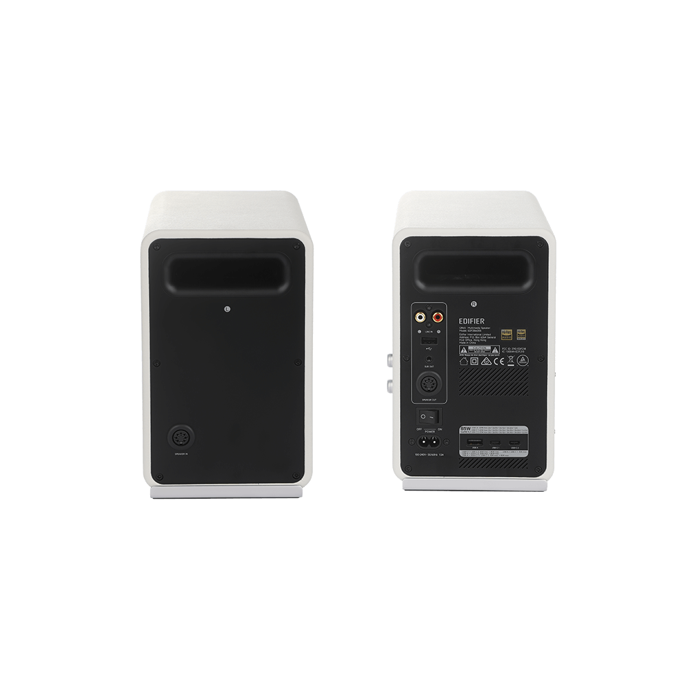 A large main feature product image of Edifier QR65 Active Desktop Speakers with GaN Charger (White)