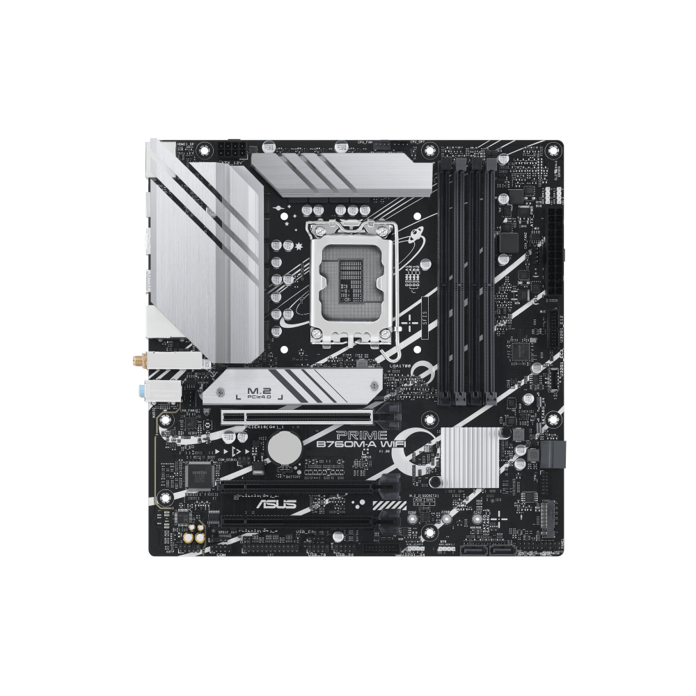 A large main feature product image of ASUS Prime B760M-A WiFi-CSM LGA1700 mATX Desktop Motherboard