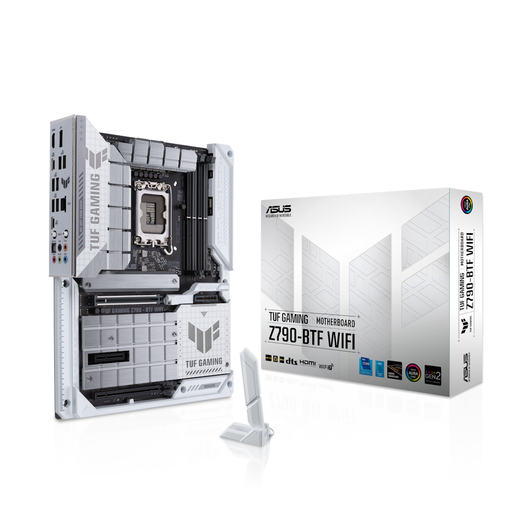 A large main feature product image of ASUS TUF Gaming Z790-BTF WiFi LGA1700 ATX Desktop Motherboard