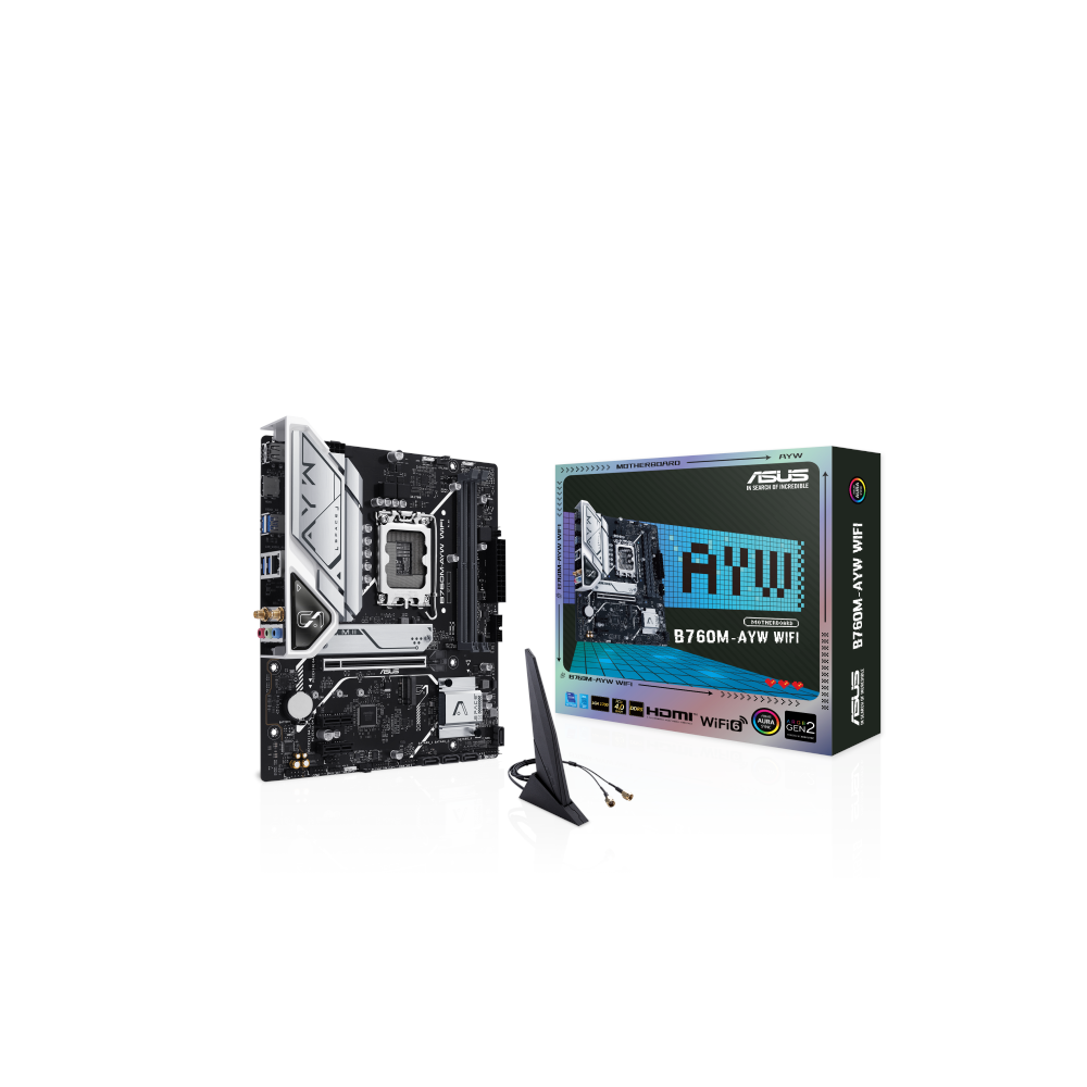 A large main feature product image of ASUS B760M AYW Wi-Fi LGA1700 mATX Desktop Motherboard