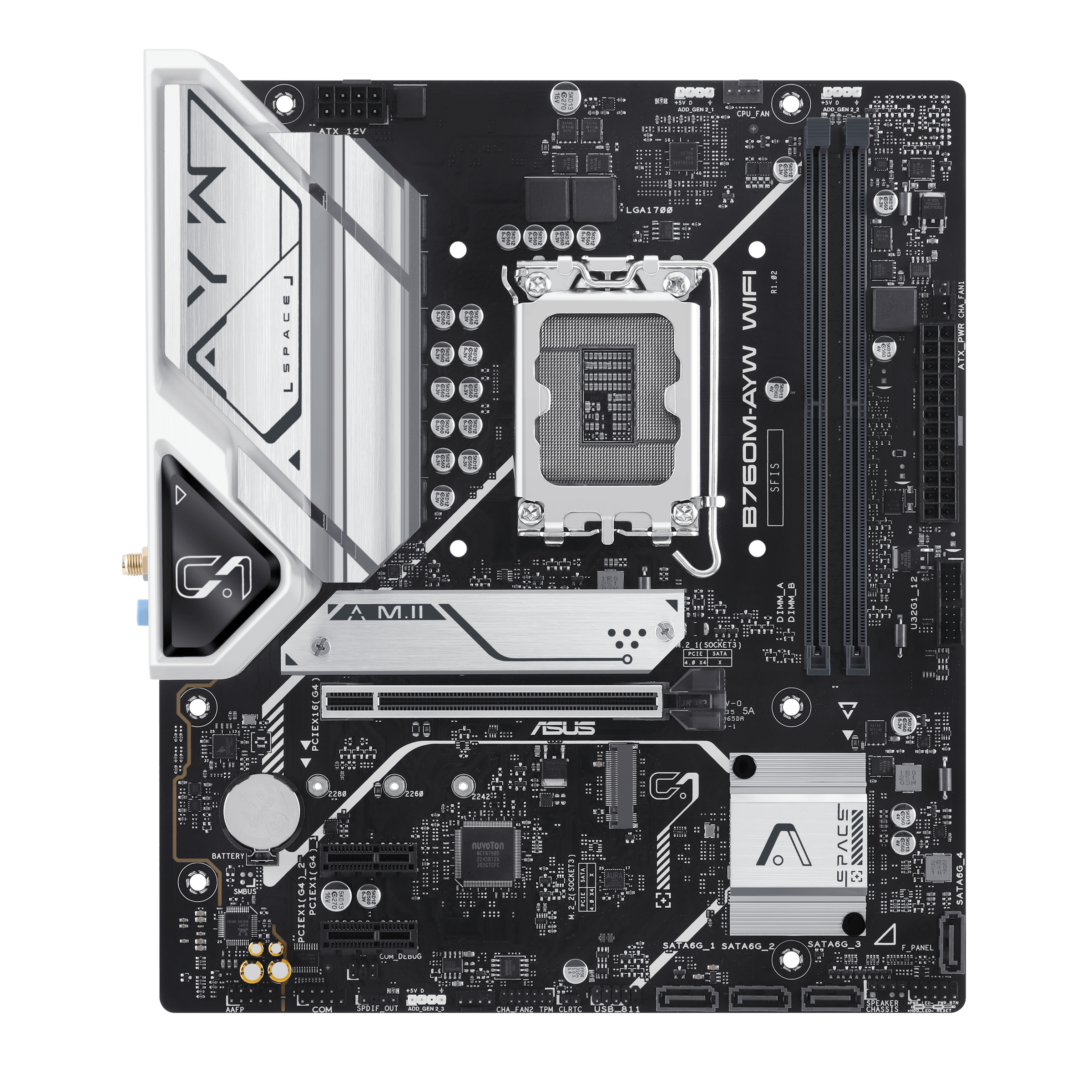 A large main feature product image of ASUS B760M AYW Wi-Fi LGA1700 mATX Desktop Motherboard
